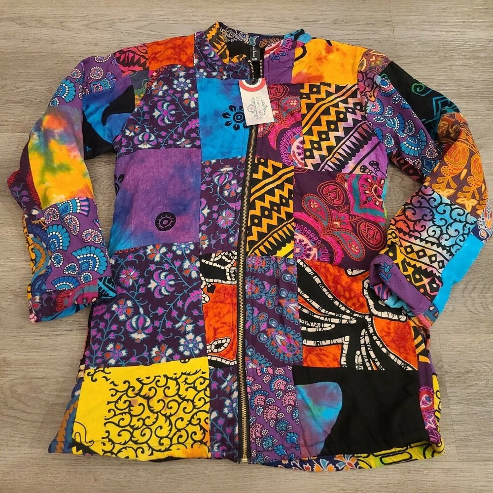 NWT Hippie Boho Tie Dye Patchwork Jacket Coat L/XL - Style 219746 - Full ZIp